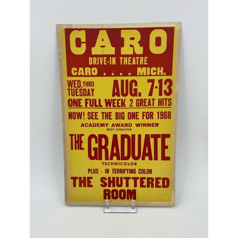 Vtg Strand Theater Poster Caro, MI Drive-in 22x14 The Graduate 1968 Yellow & Red